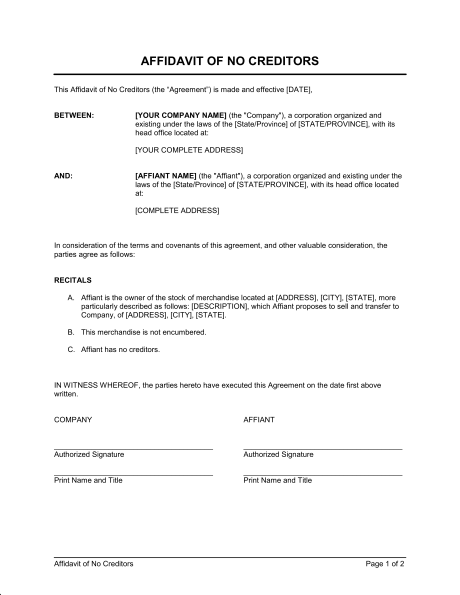 Affidavit of No Creditors   Template & Sample Form | Biztree.com