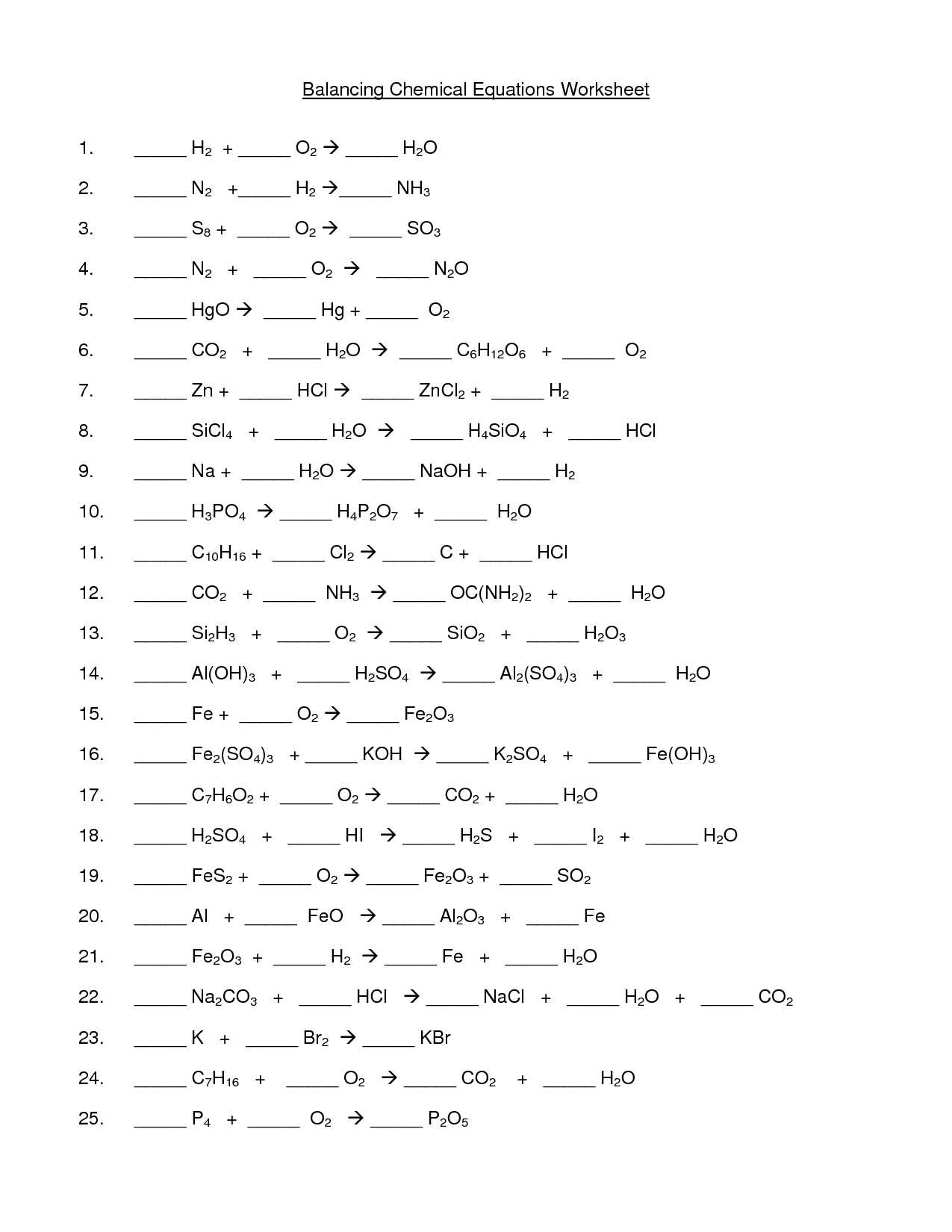 balancing chemical equations worksheet middle school pdf Dean 