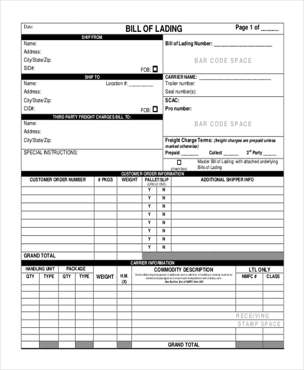 Sample Bill of Lading Form   13+ Free Documents in PDF