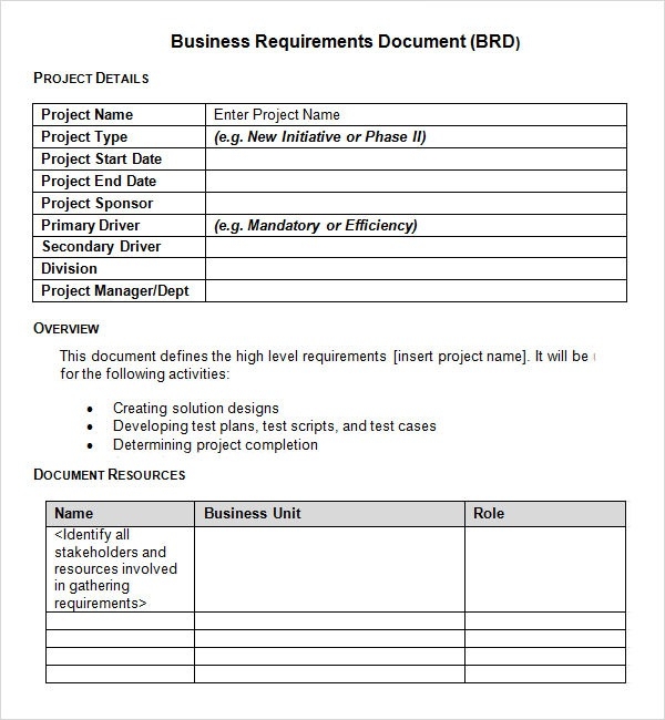 Business Requirements Document Template Brd Business Requirements 