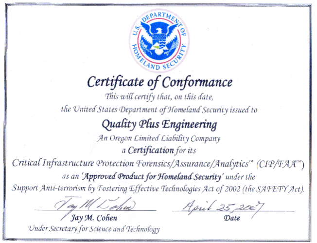 DHS Certificate of Conformance | Quality + Engineering