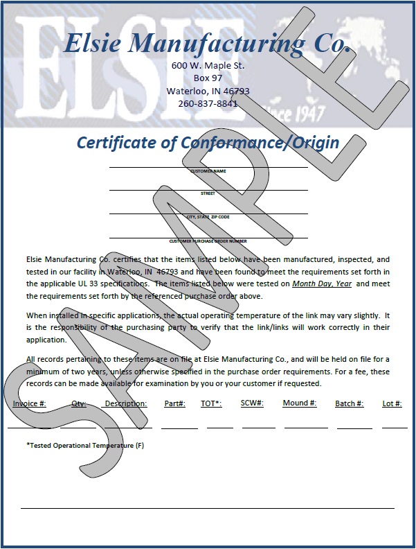 Certificate of Conformance Origin (Embossed Original)   Elsie MFG