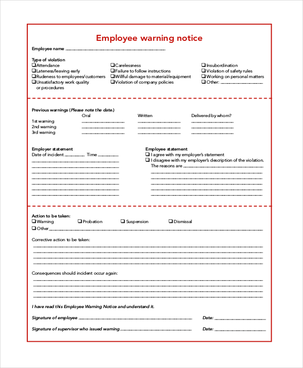 6+ Sample Employee Warning Notice Forms | Sample Forms