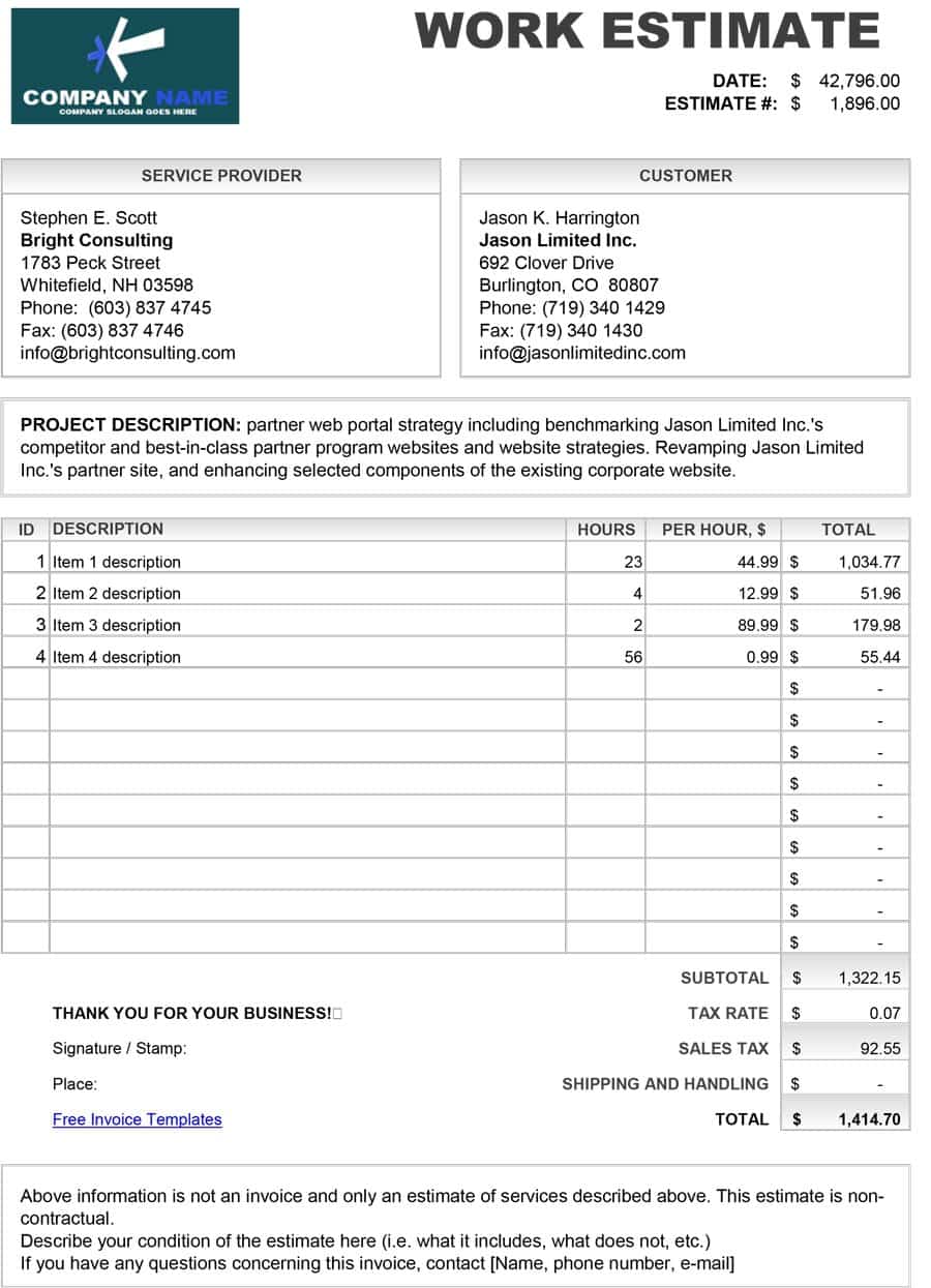 Estimate Template Business Mentor