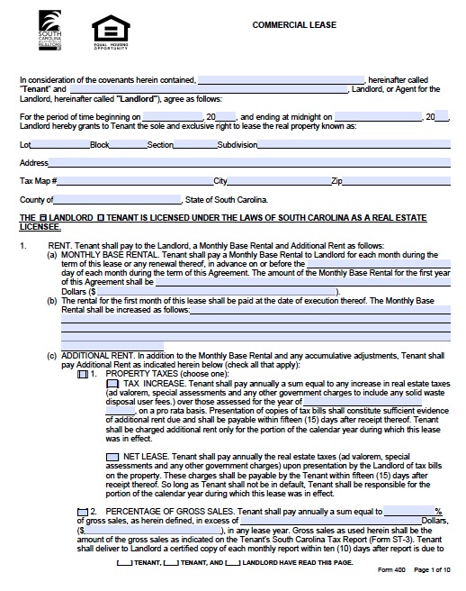 commercial lease agreement template free pdf free south carolina 