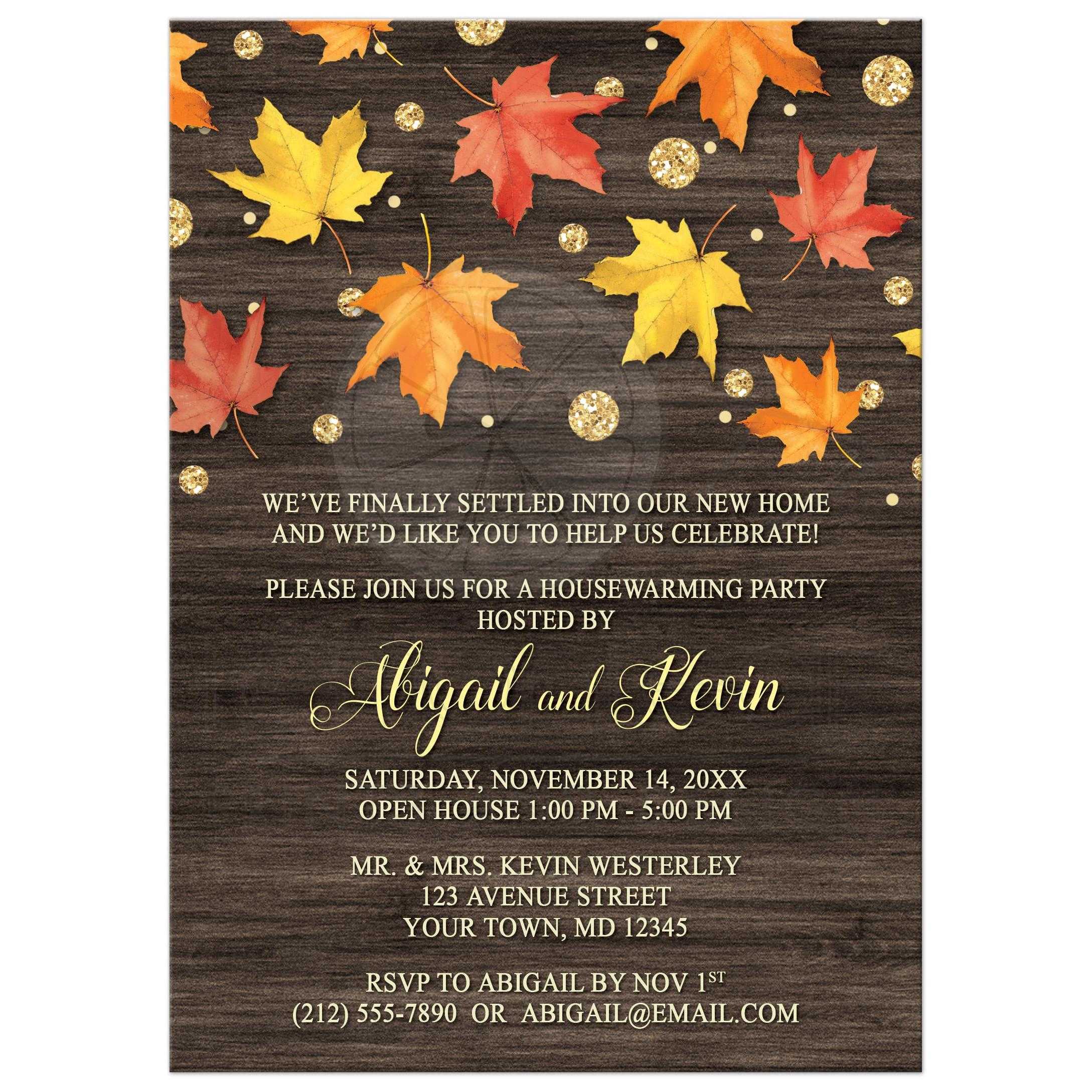Housewarming Invitations   Falling Leaves with Gold Autumn