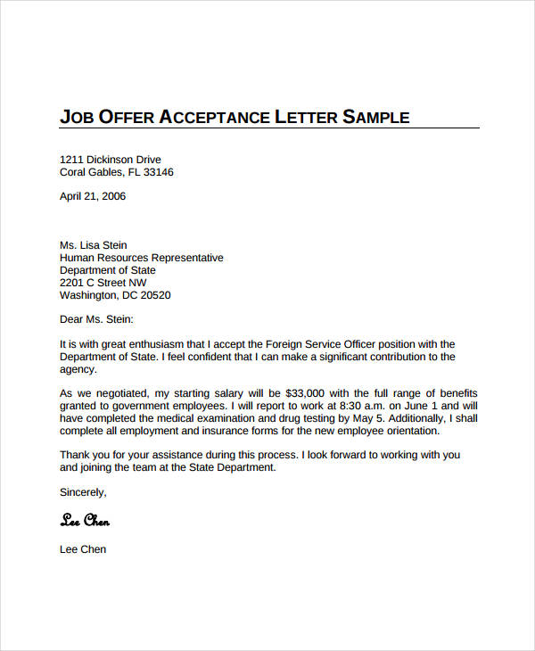 Acceptance Letter For Job Acceptance Letter For Job Offer Sample 