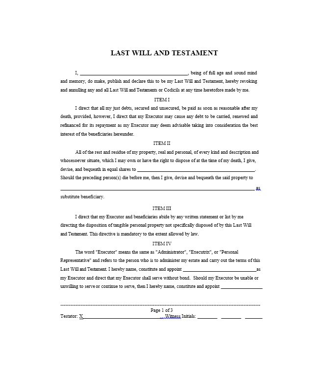 Example Document for Last Will & Testament