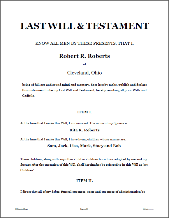 Sample Last will and testament of form | 8ws   Templates & Forms 