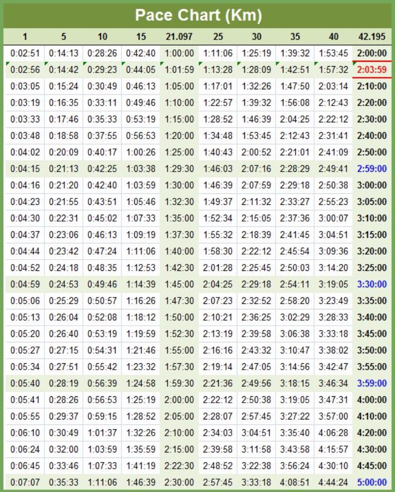 Marathon Time Chart Per Mile