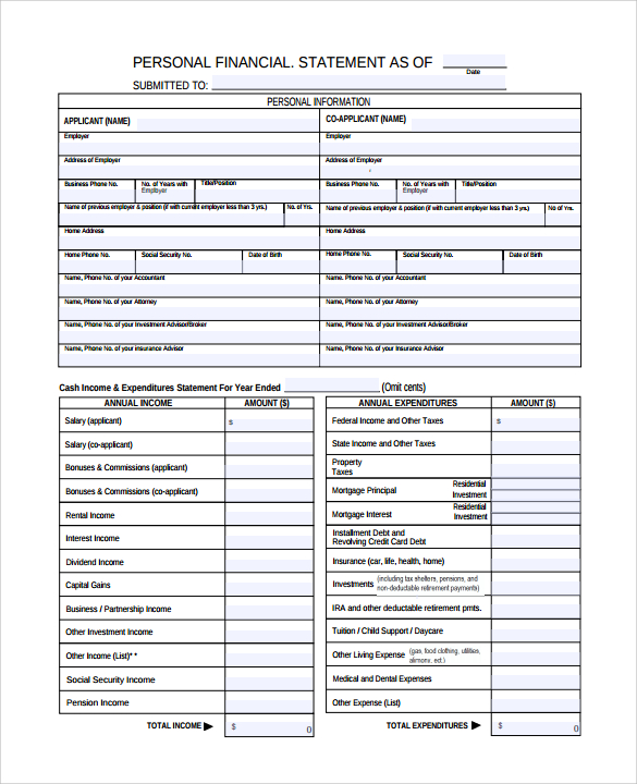 Personal Financial Statement Business Mentor