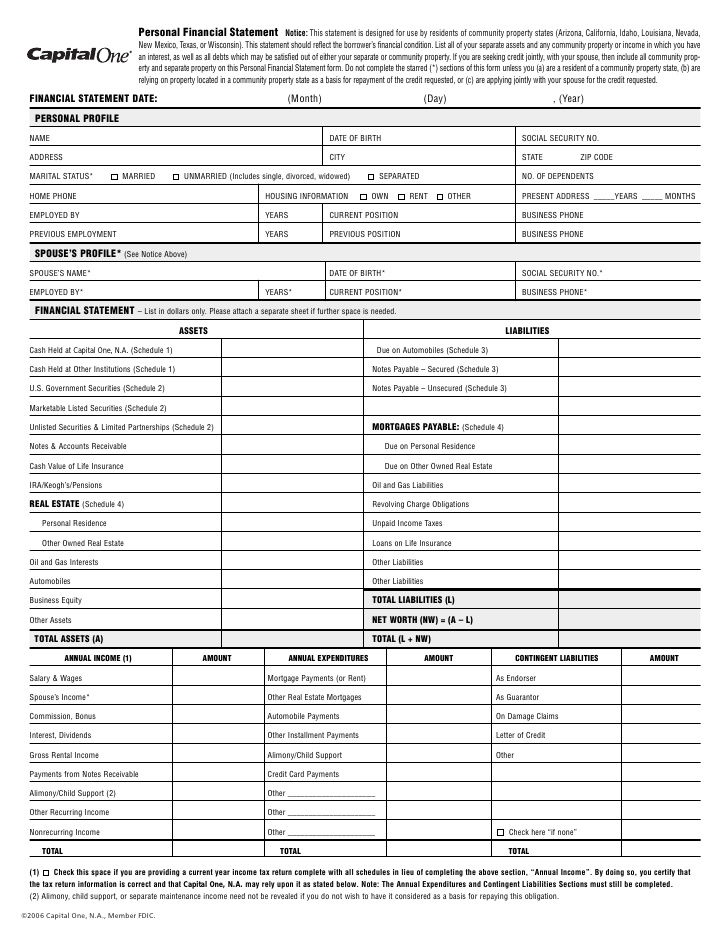 Fillable Generic Personal Financial Statement   Fill Online 