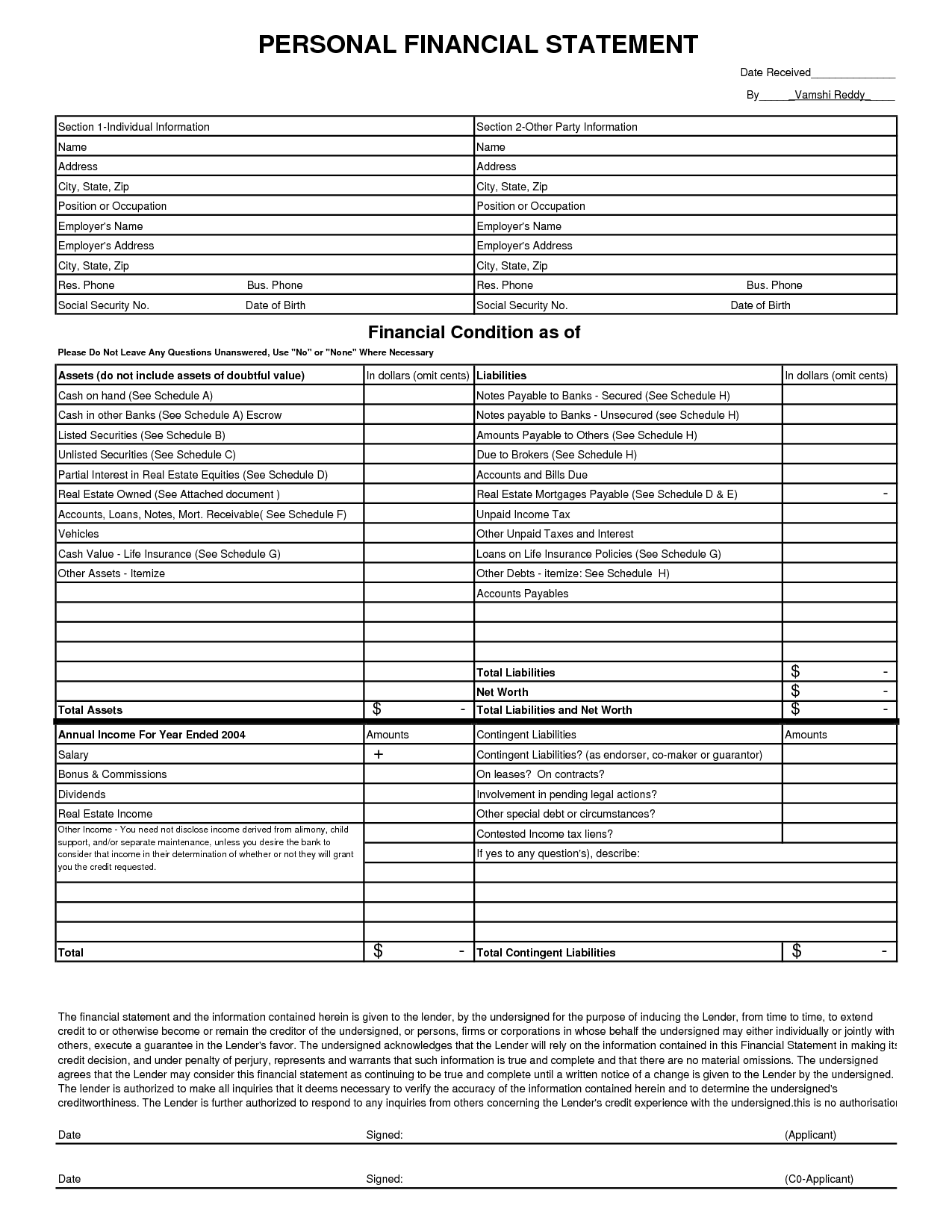 Free Printable Personal Financial Statement | Blank Personal 