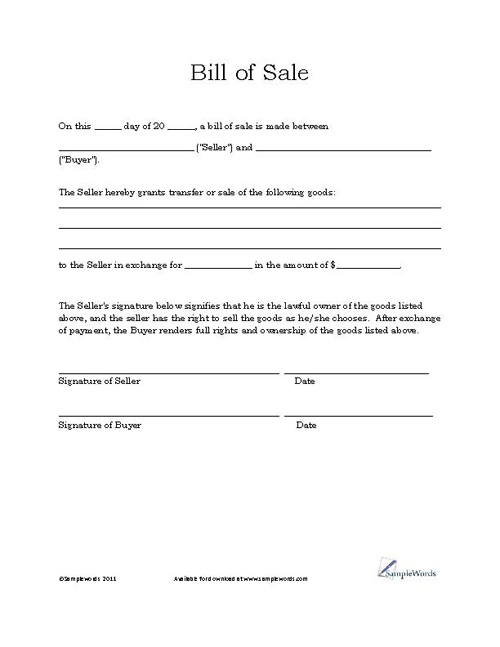 Basic Bill of Sale Form   Printable Blank Form Template