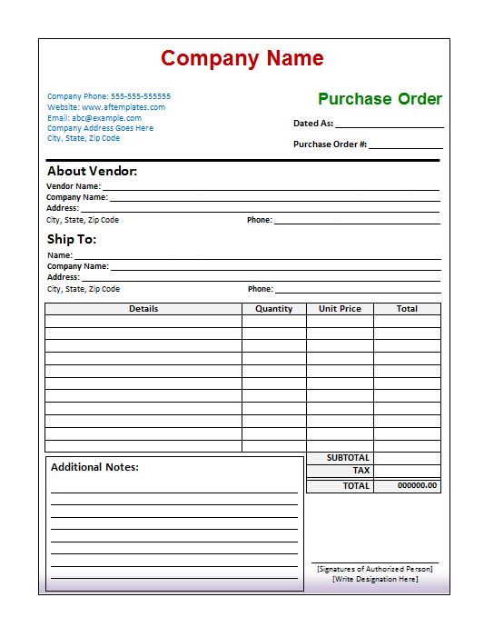 Purchase order form template download