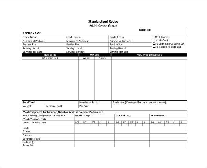 Standardized Recipe Form Template DocTemplates