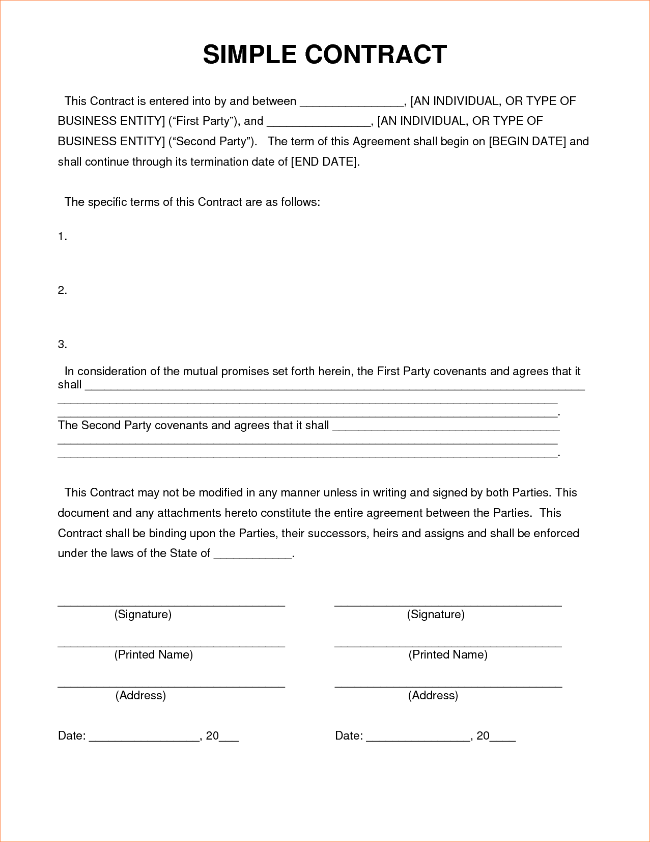 Simple Contract Agreement Business Mentor