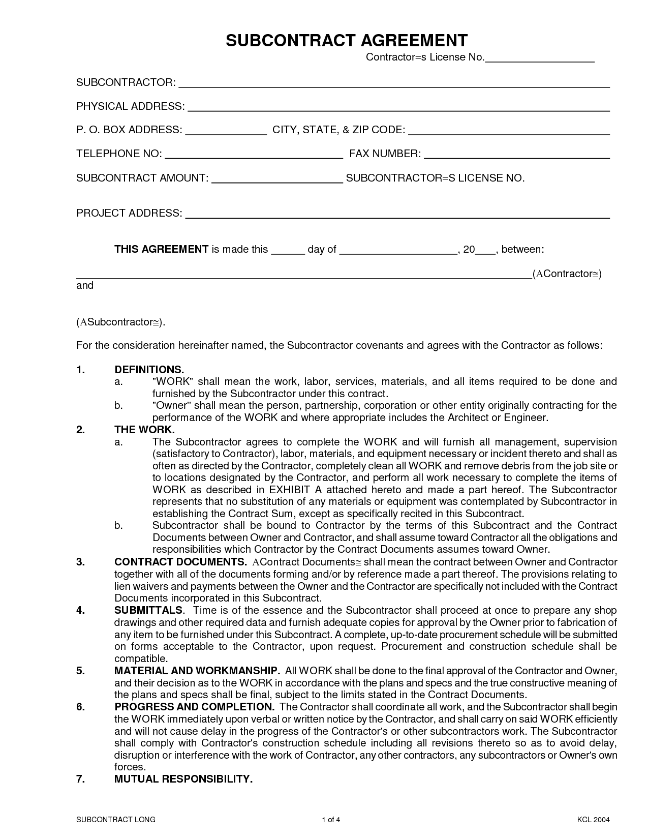 subcontractor contract form   Dean.routechoice.co