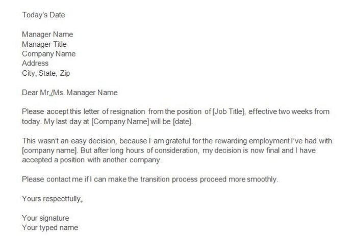 Two weeks notice Professional Resignation Letter 