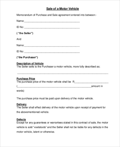 42 Printable Vehicle Purchase Agreement Templates   Template Lab