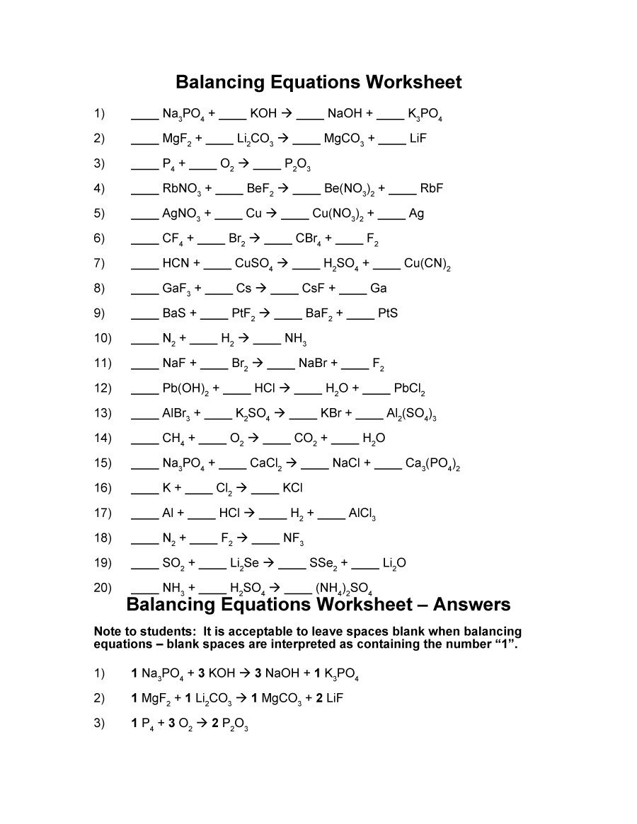 Balancing Chemical Equations Worksheets With Answers ...