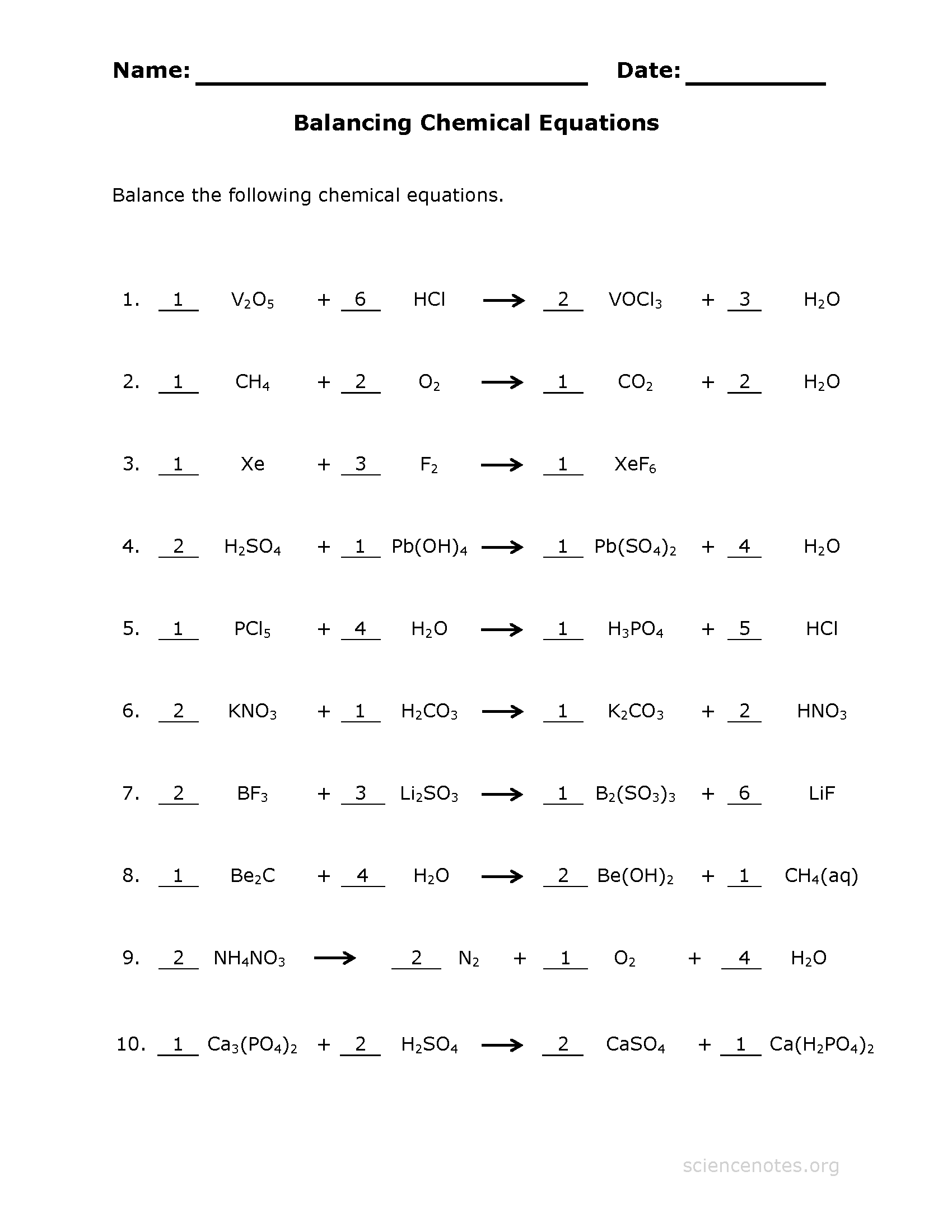 How to Balance Equations   Printable Worksheets