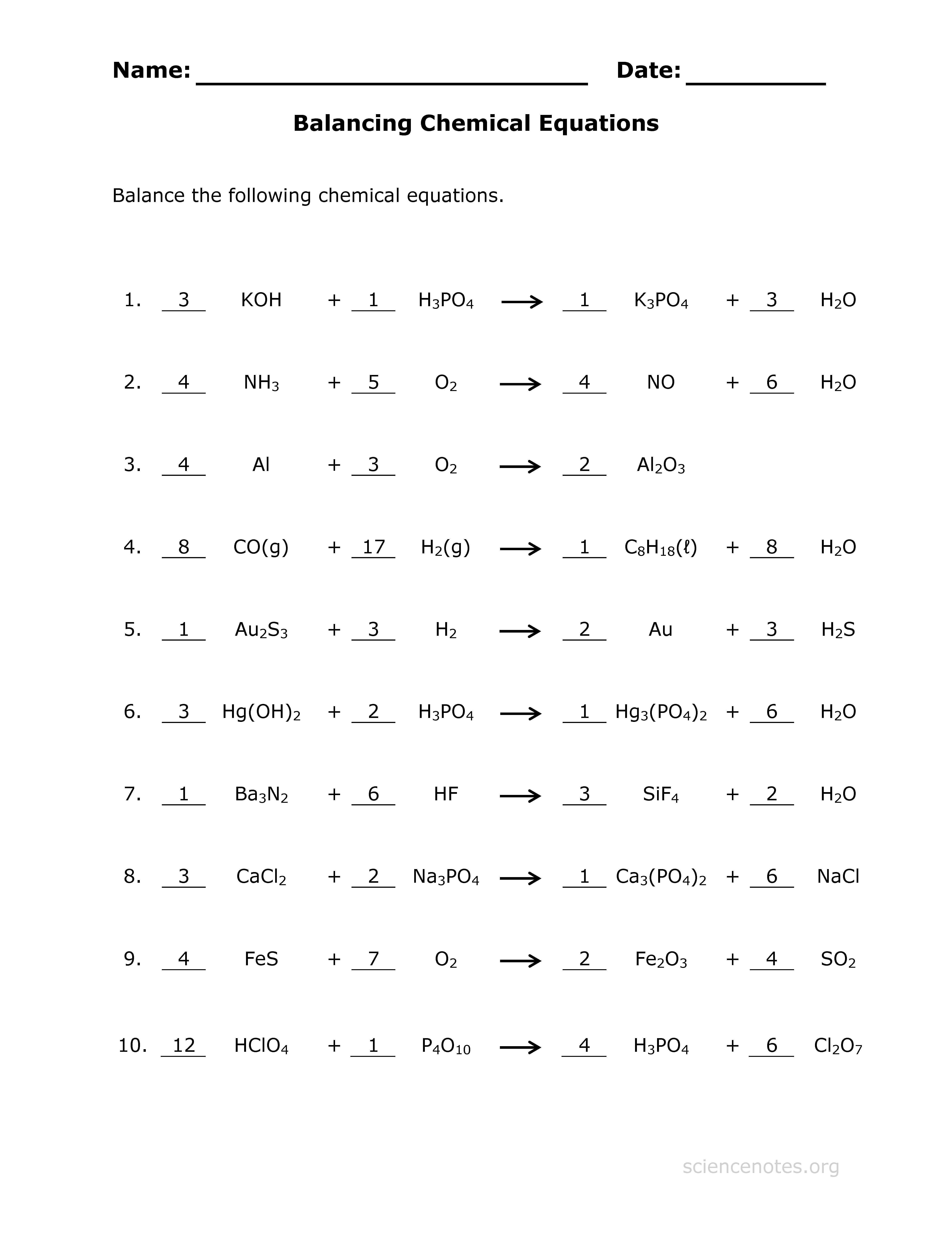Balancing Equation Worksheet Answers   Physical Science with Mrs 