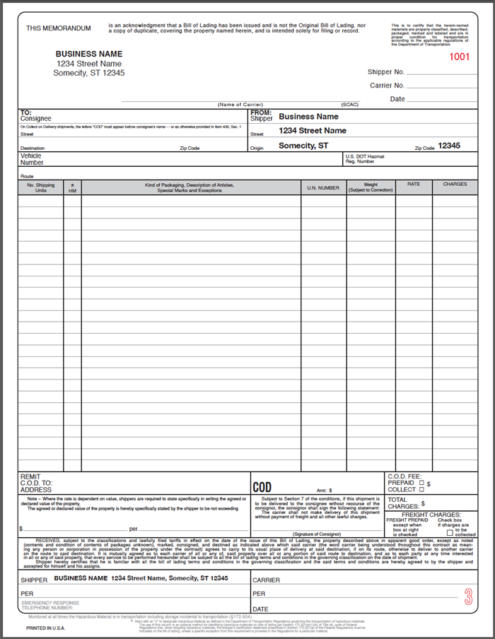 straight bill of lading short form template free   Ecza.solinf.co