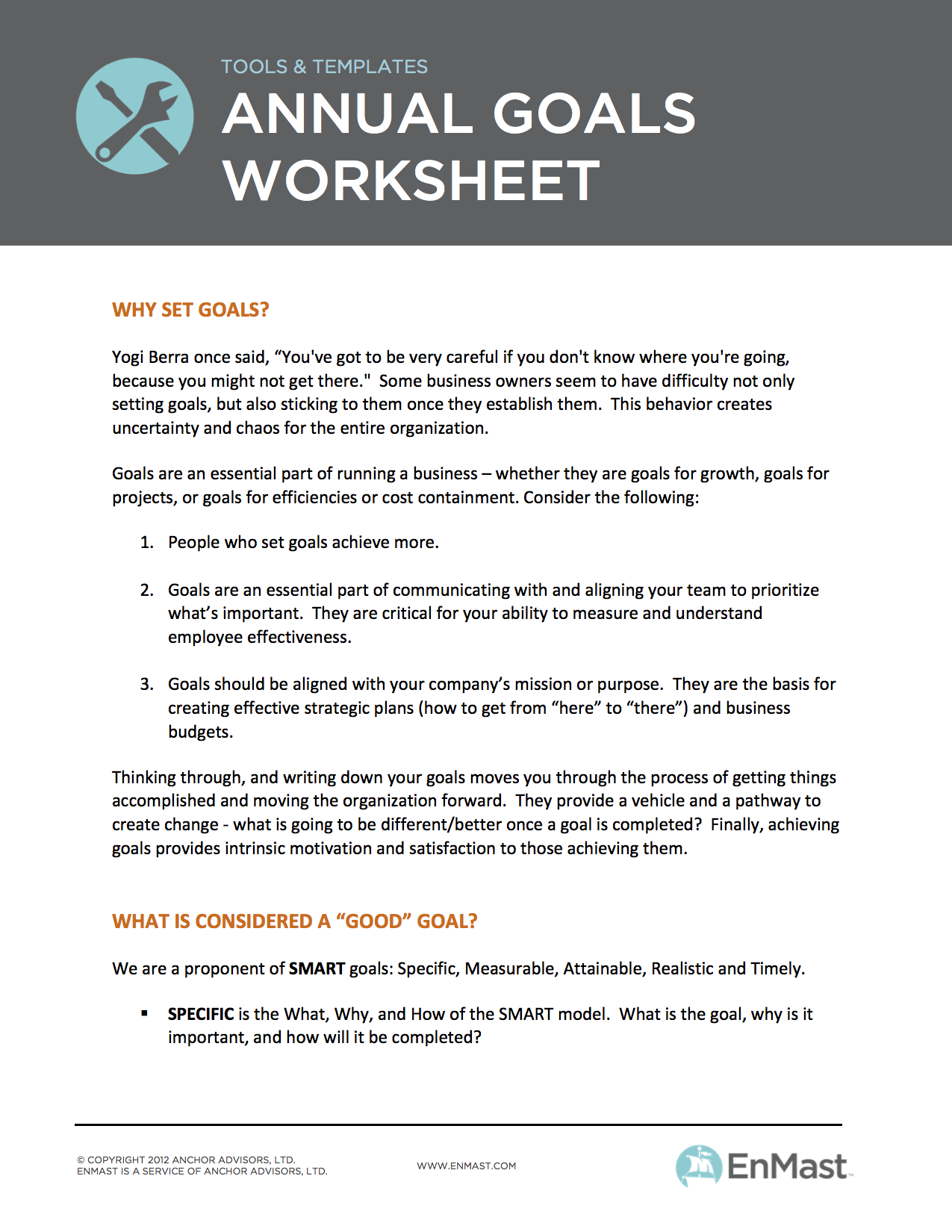 Annual Goal Setting Worksheet for Business