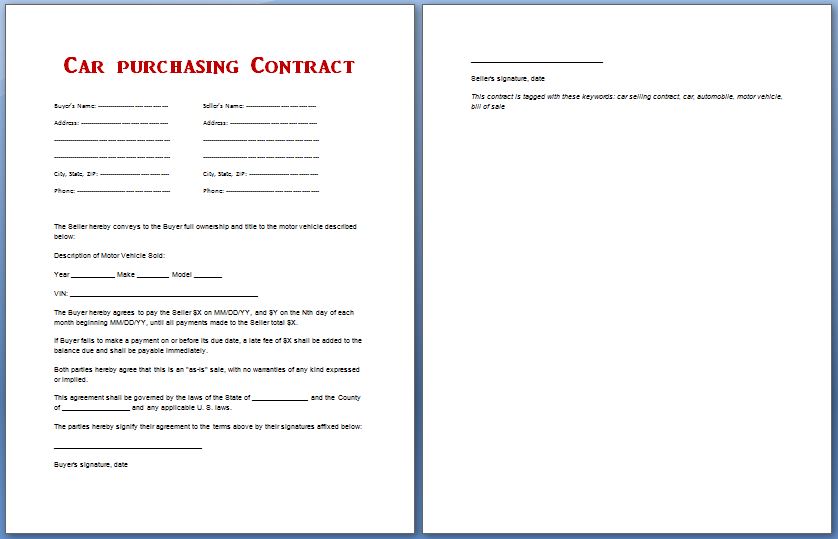 purchase agreement template car car purchase contract template for 