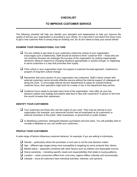 Checklist To Improve Customer Service   Template & Sample Form 