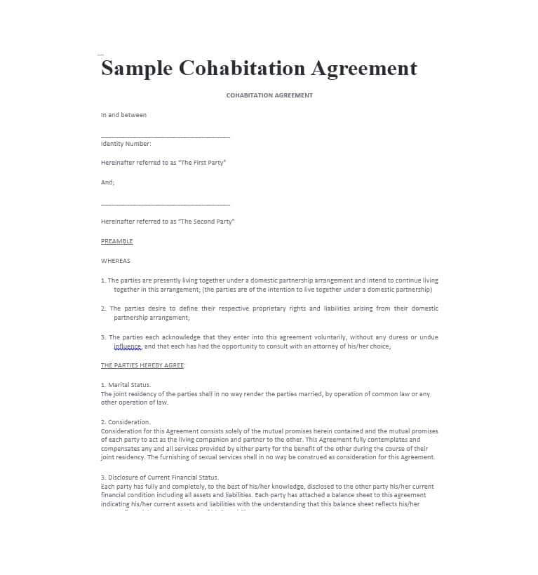 Free Printable Cohabitation Agreement Business Mentor