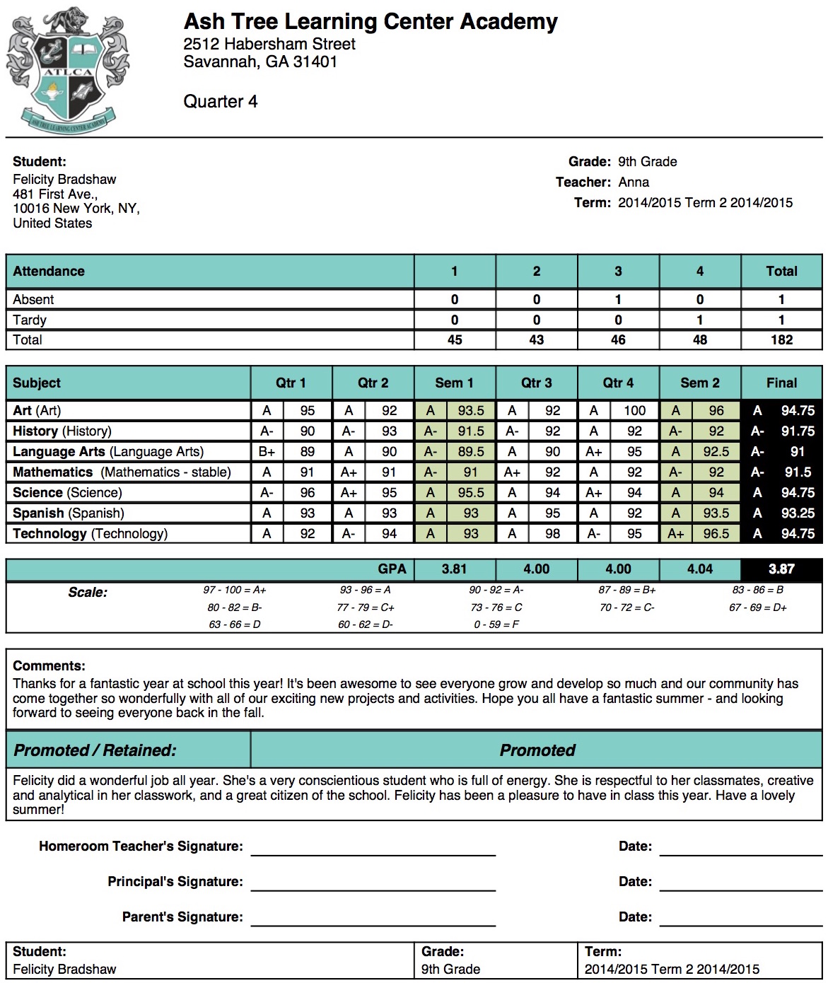 Ash Tree Learning Center Academy Report Card Template | School 