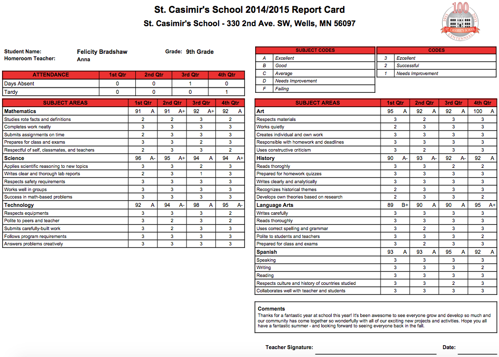St. Casimir's School Report Card Template | School Management 