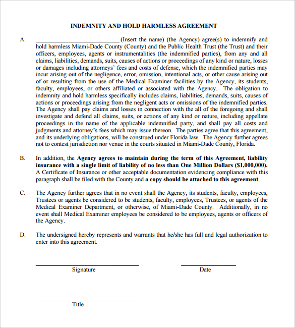 hold harmless agreement template free hold harmless agreement 30 