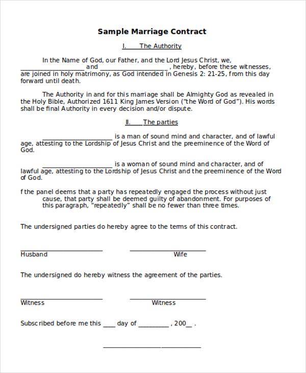 marriage agreement template sample marriage contract form 8 free 