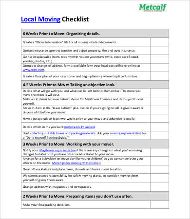 Moving Checklist Template   7+ Free PDF Documents Download | Free 
