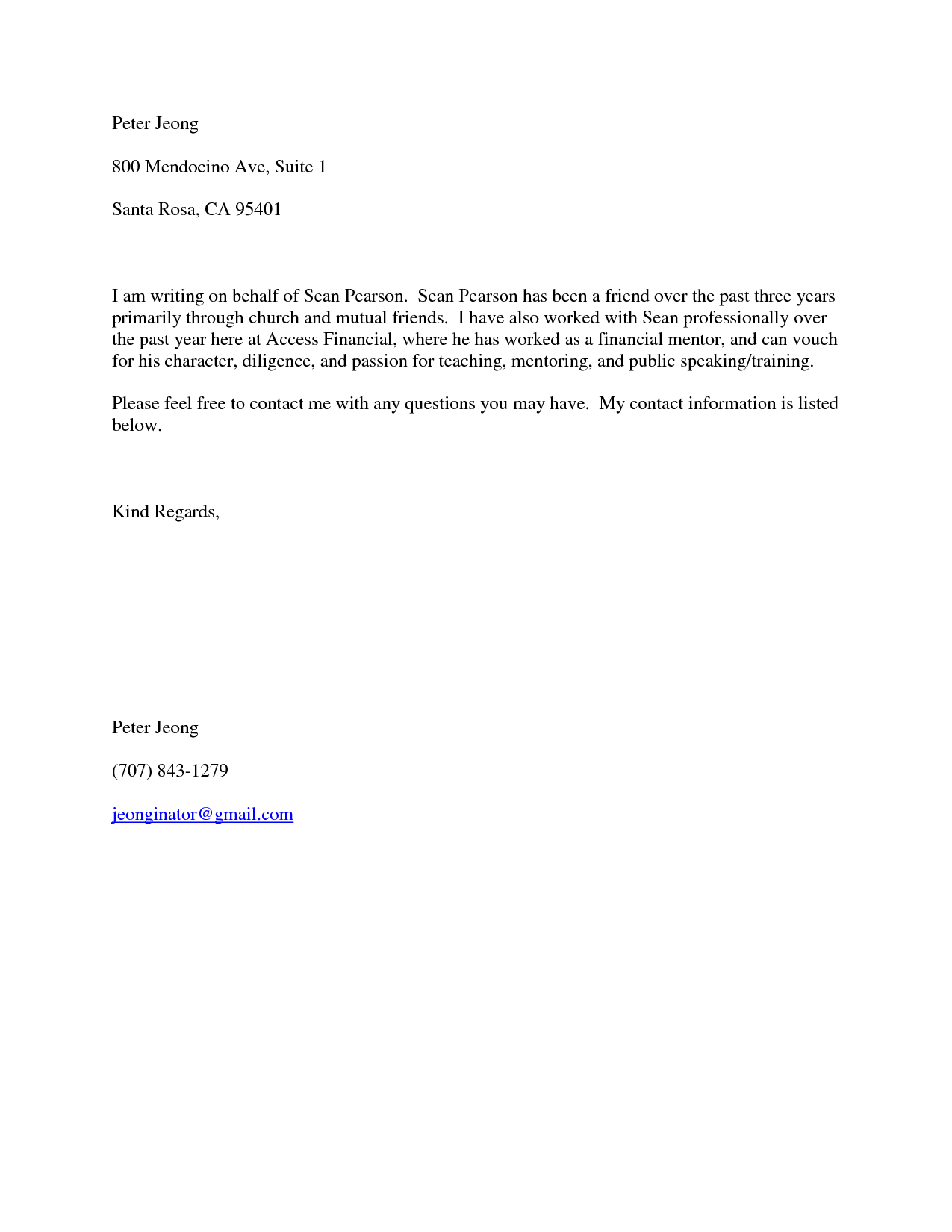 Personal Reference Letter For A Friend Business Mentor