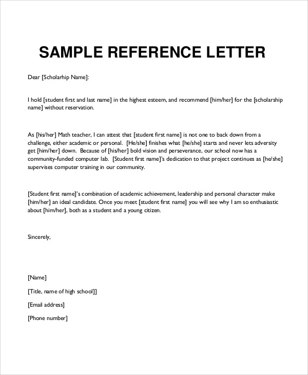 Personal reference letter template character for scholarship well 