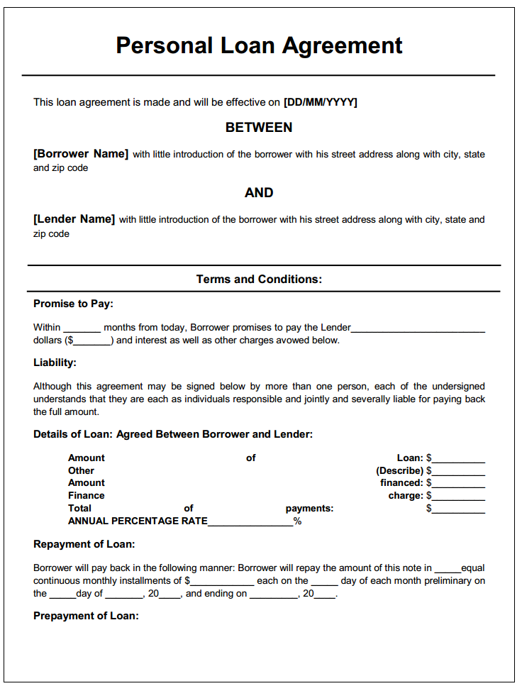 Personal Loan Agreement | Printable Agreements   private loan 