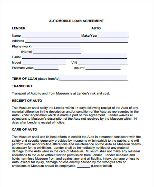 auto loan agreement template 40 printable loan agreement forms 