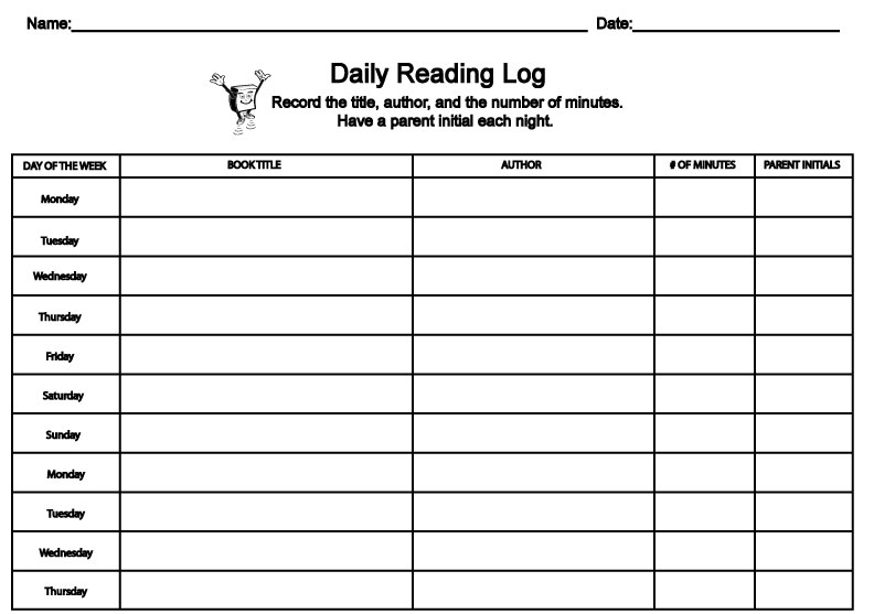 Printable Reading Log for Elementary Grades