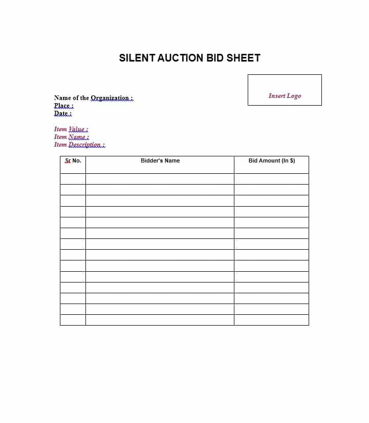 free printable silent auction template | Silent Auction Bid Sheet 