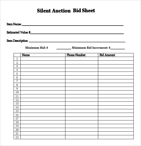 free printable silent auction template | Silent Auction Bid Sheet 