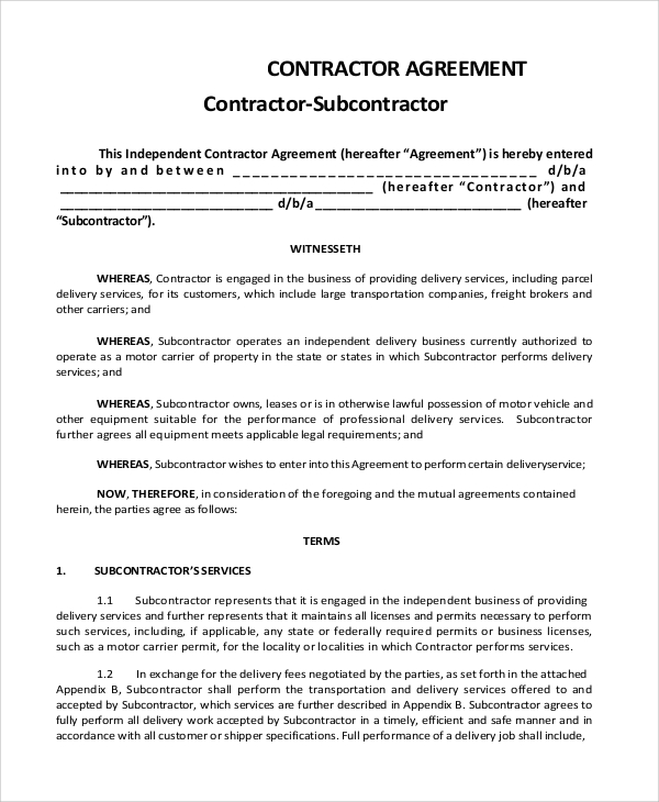 contractor subcontractor agreement template sample subcontractor 