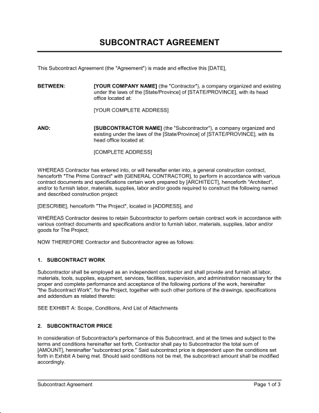 subcontractor agreement template free subcontractor agreement 