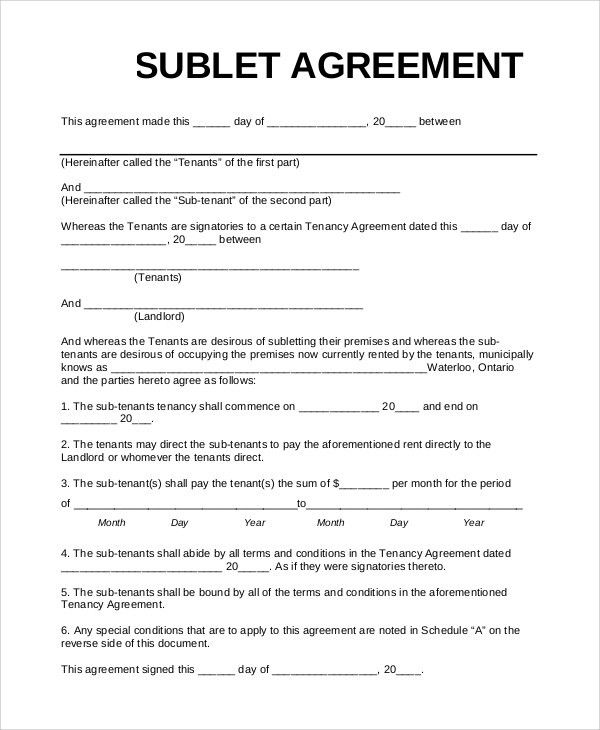 sublet lease agreement template sub tenancy agreement template 