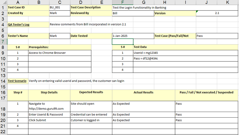 Test Case Template Business Mentor