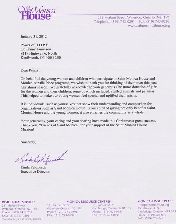 Letters of Thanks 2011 | Power of HOPE Community Organization