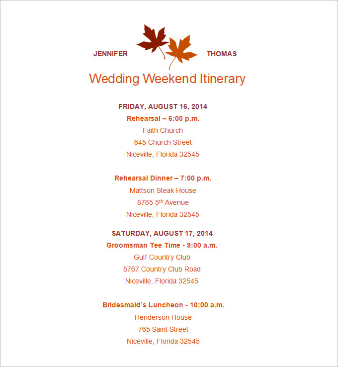 Wedding Weekend Itinerary Template   7 Free Word, PDF Documents 